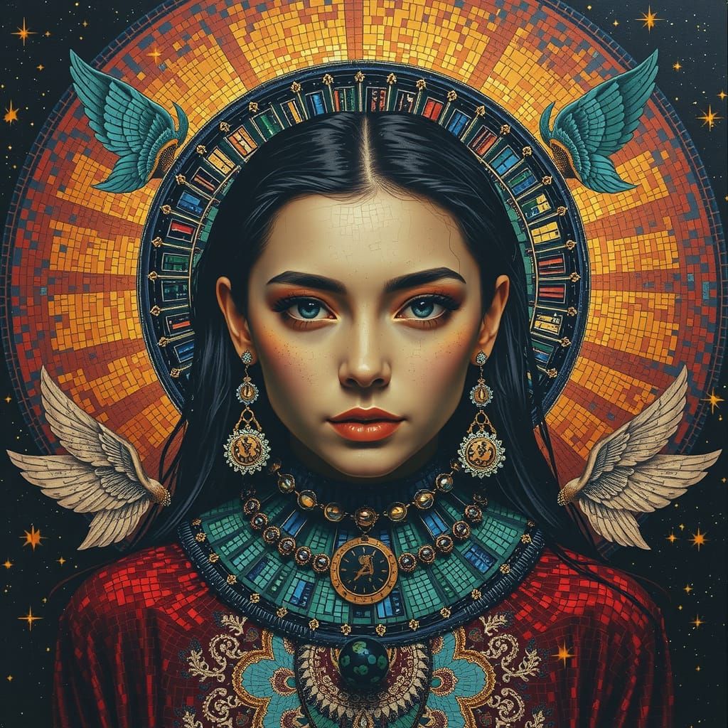 Iridescent Mosaic Woman in Starry Night