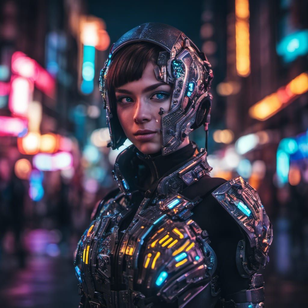 Cyborg Girl Portrait in Neon City, Cyberpunk Style