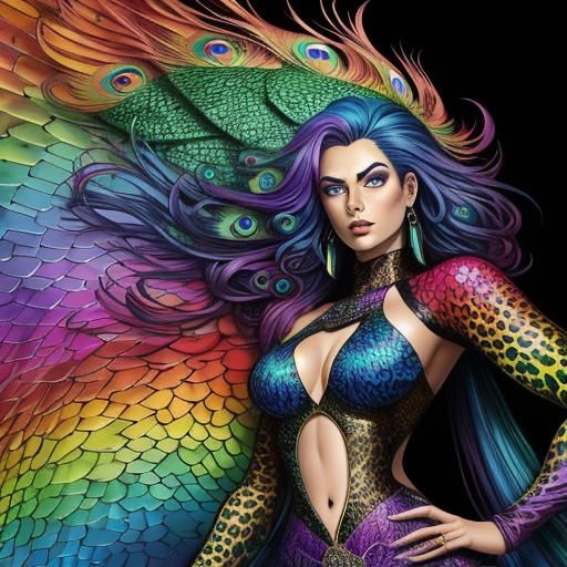 Rainbow Dragon Woman with Peacock Hair, Comic Art