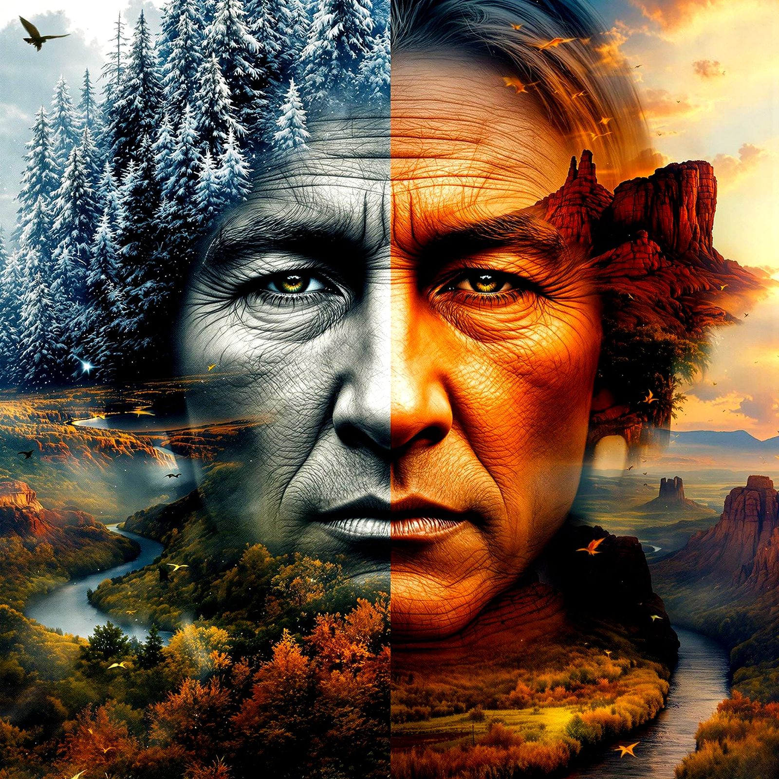 Ethereal Navajo Chief Portrait in Vibrant Double Exposure