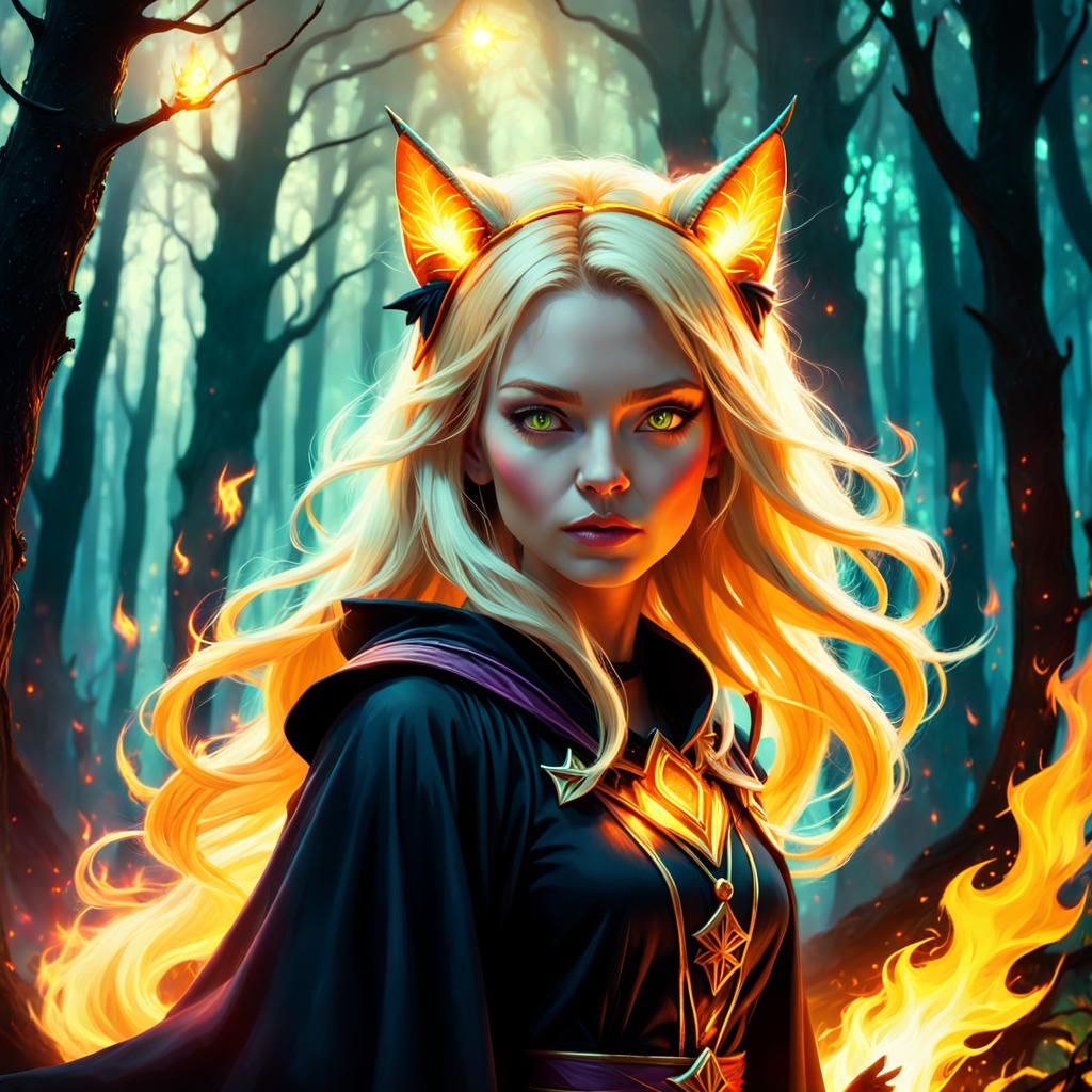 Blonde Witch Summons Fire Magic in Mystic Forest