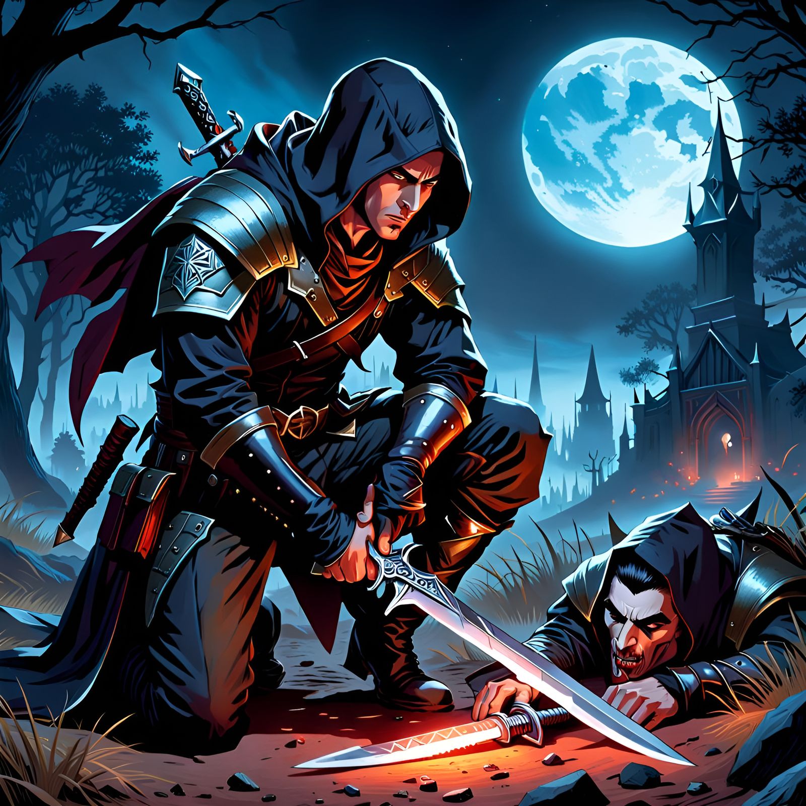 A human rogue kneels stealthily, gripping his dagger, surveying his surroundings with cautious intent. Ensuring that no ...