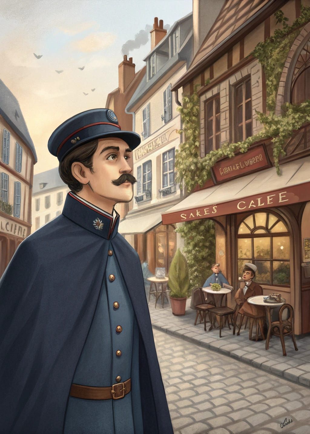 1940s French Policeman in Kepi and Cape Outside Cafe