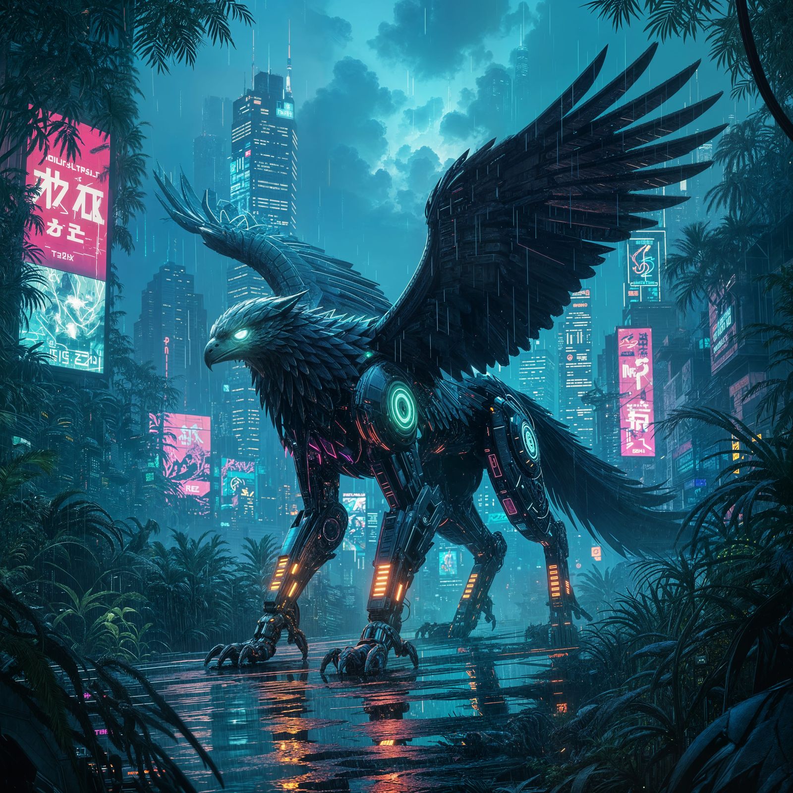 Cybernetic Griffin Prowls Neon Cyberpunk Jungle