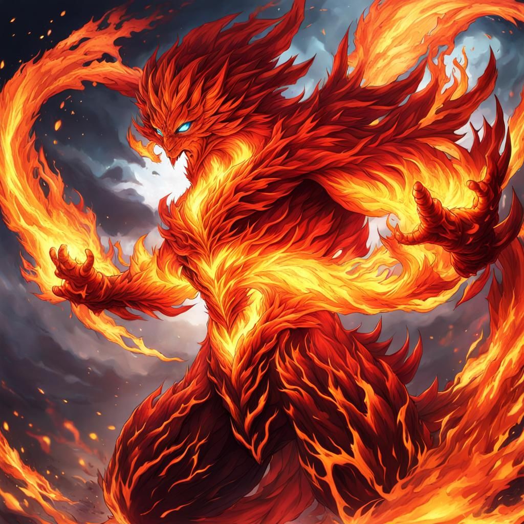 Fiery Anime Elemental Man in Manga Style