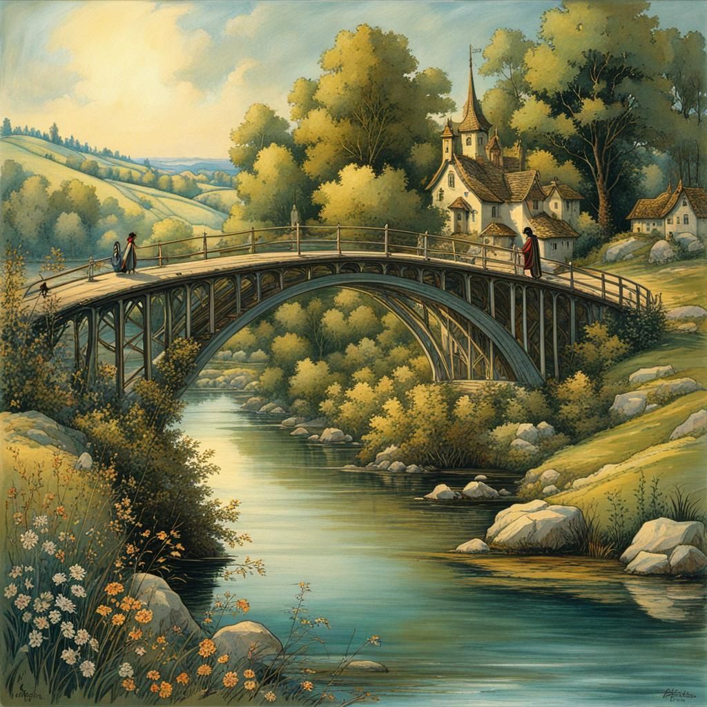 Enchanting Riverside Landscape in Arthur Rackham Style