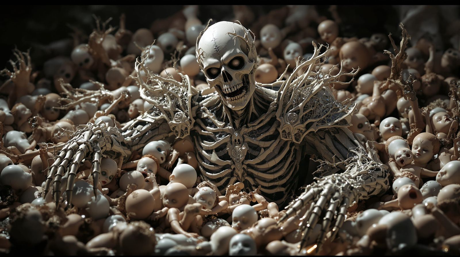 Gothic Horror Zombie Emerges from Shattered Dolls in 3D Rend...