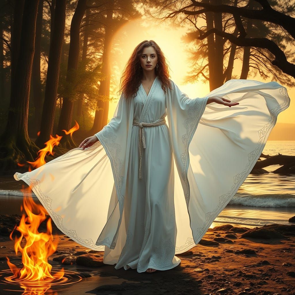 Mystical Woman Embodies Elemental Forces Amidst Trustful Har...