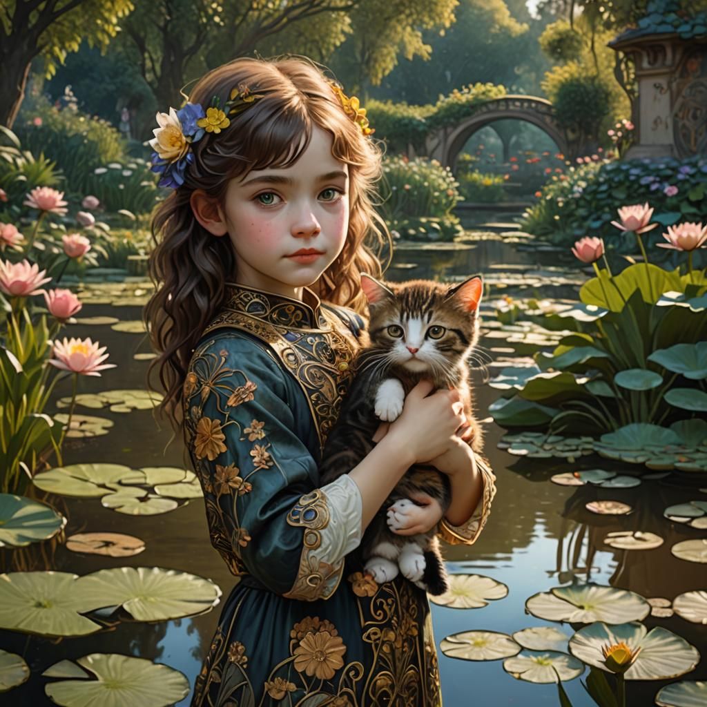 Girl and Cat by Waterlily Pond, Art Nouveau Style