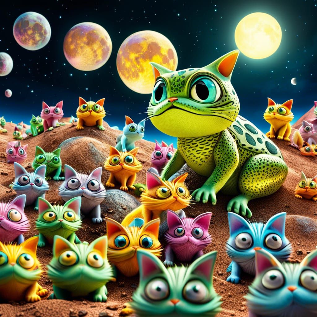 Cats Swarm Frog Monsters on the Moon
