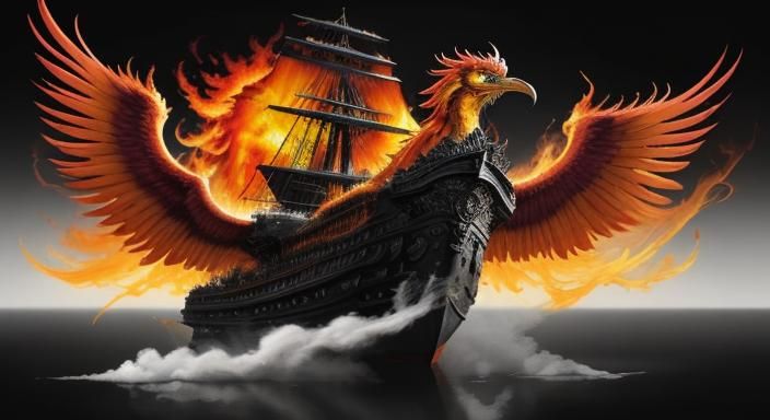Phoenix Firebird Pirate Ship, the bow is the flaming head of a Phoenix, the sails are made of flames, huge wings of fire...