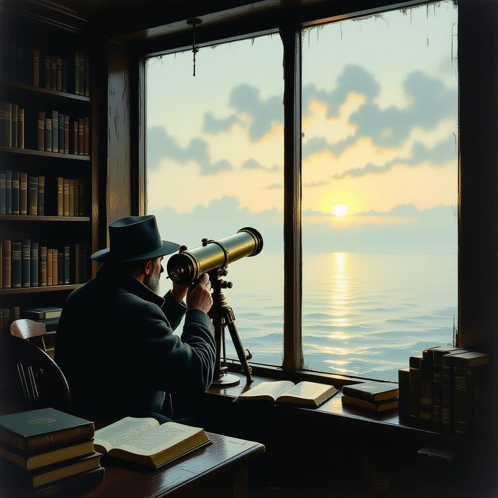 Lighthouse Keeper Polishing Telescope at Dawn