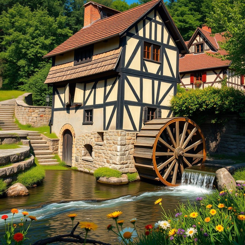 Idyllic German Village Flour Mill Beside a Mystical Forest S...