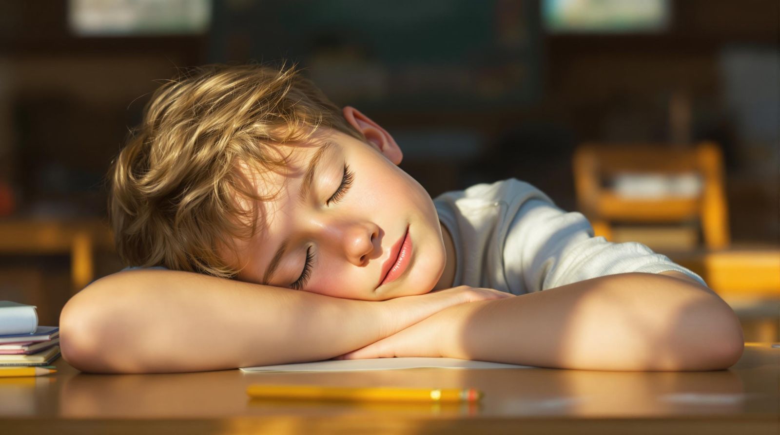 Soothing Schoolboy Slumbers in Bright Classroom Light