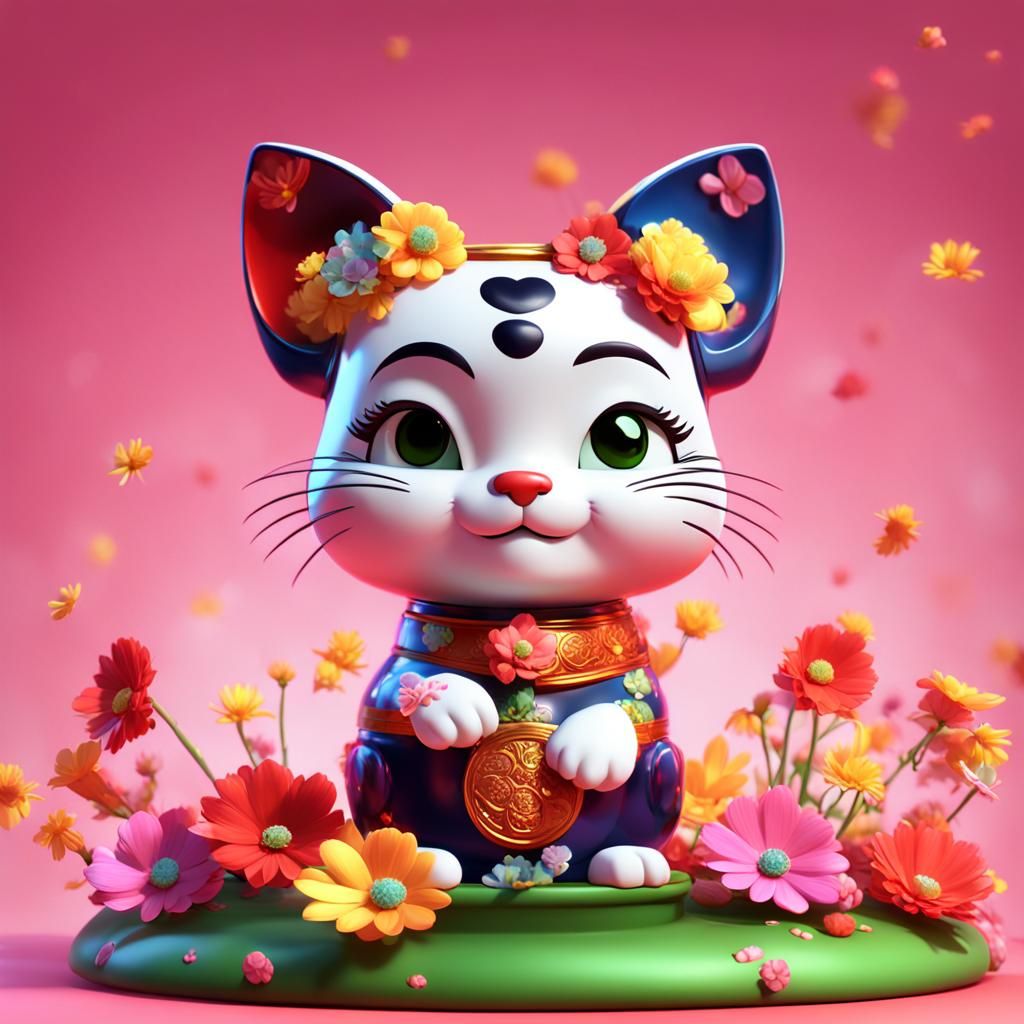 Maneki Neko Betty Boop with Spring Flowers, 3D Art