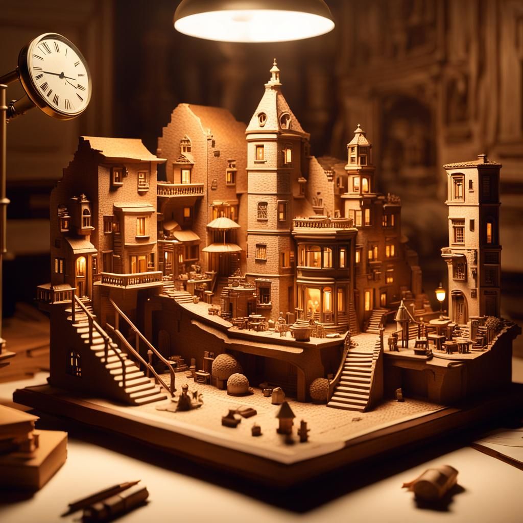 Surreal Miniature City on a Desk, Escher Style