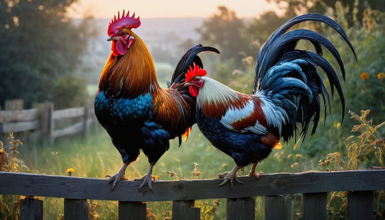 Roosters on a wooden fence