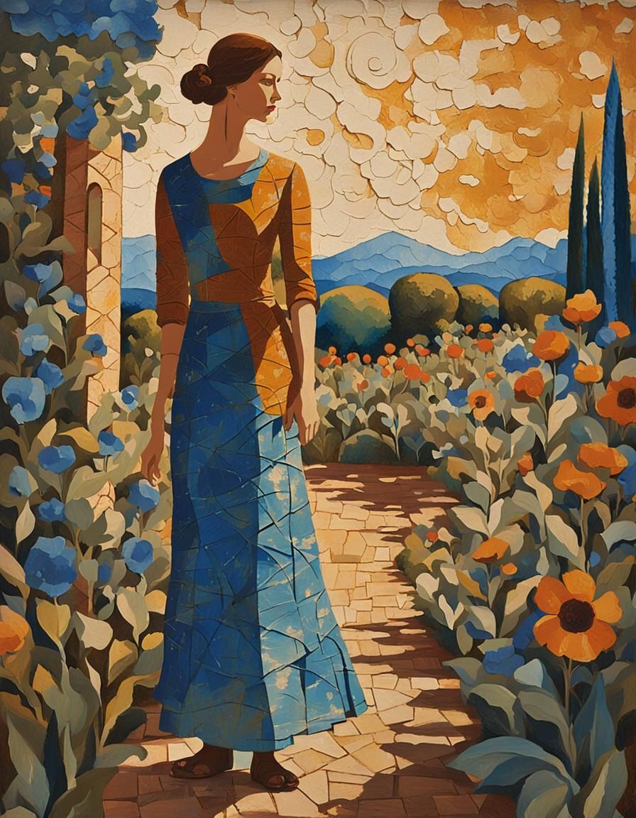 Woman in Garden: Sgraffito Inspired Fresco