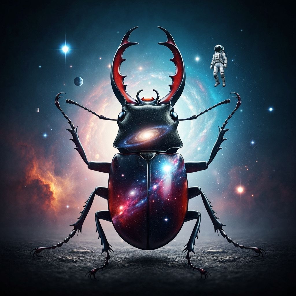 Cosmic Stag Beetle with Astronaut in Surreal Style
