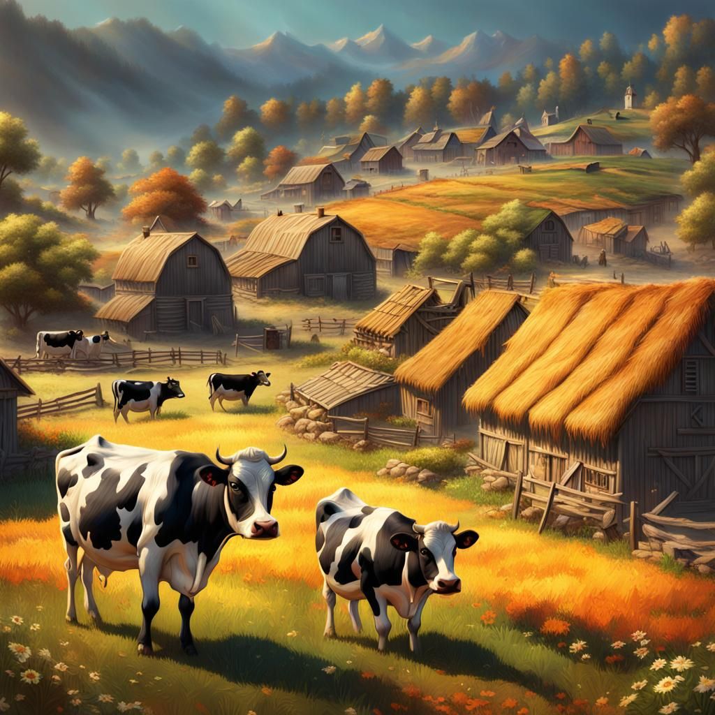 Vintage Farmlife Village in Hyperrealistic Style