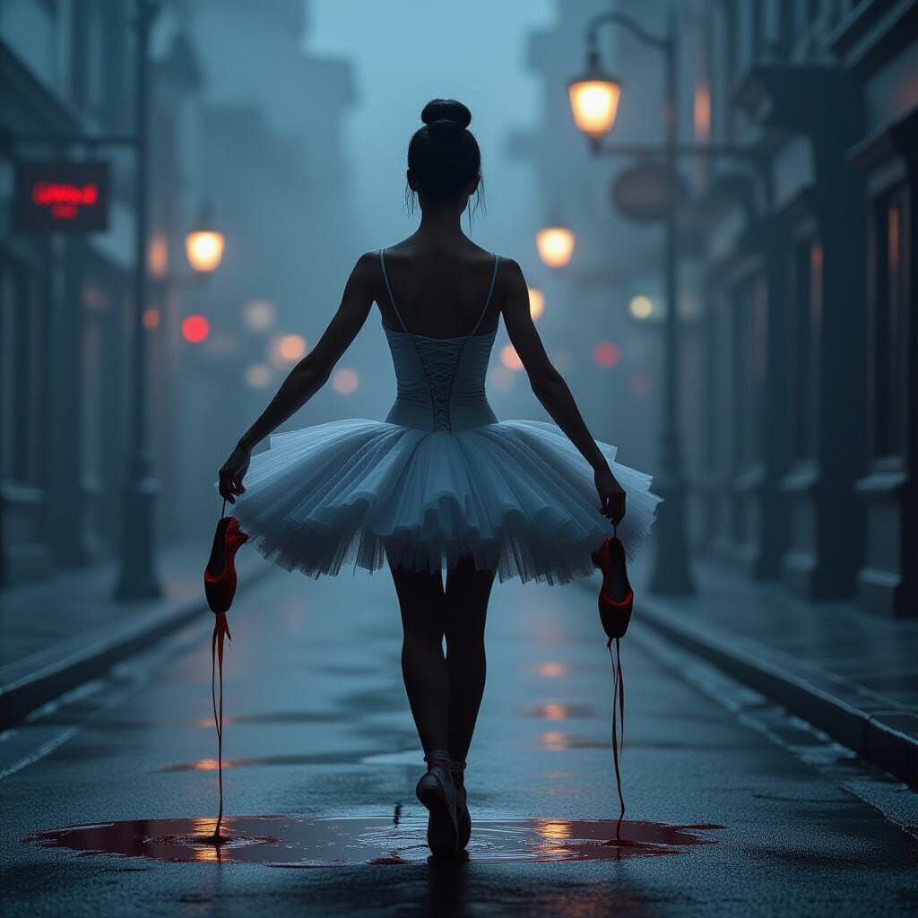 Haunting Ballerina Silhouette in Fog, Dramatic Lighting