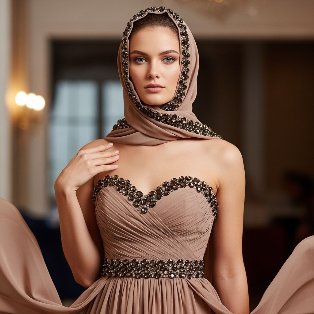 Elegant Model wearing a strapless chiffon dress and matching...