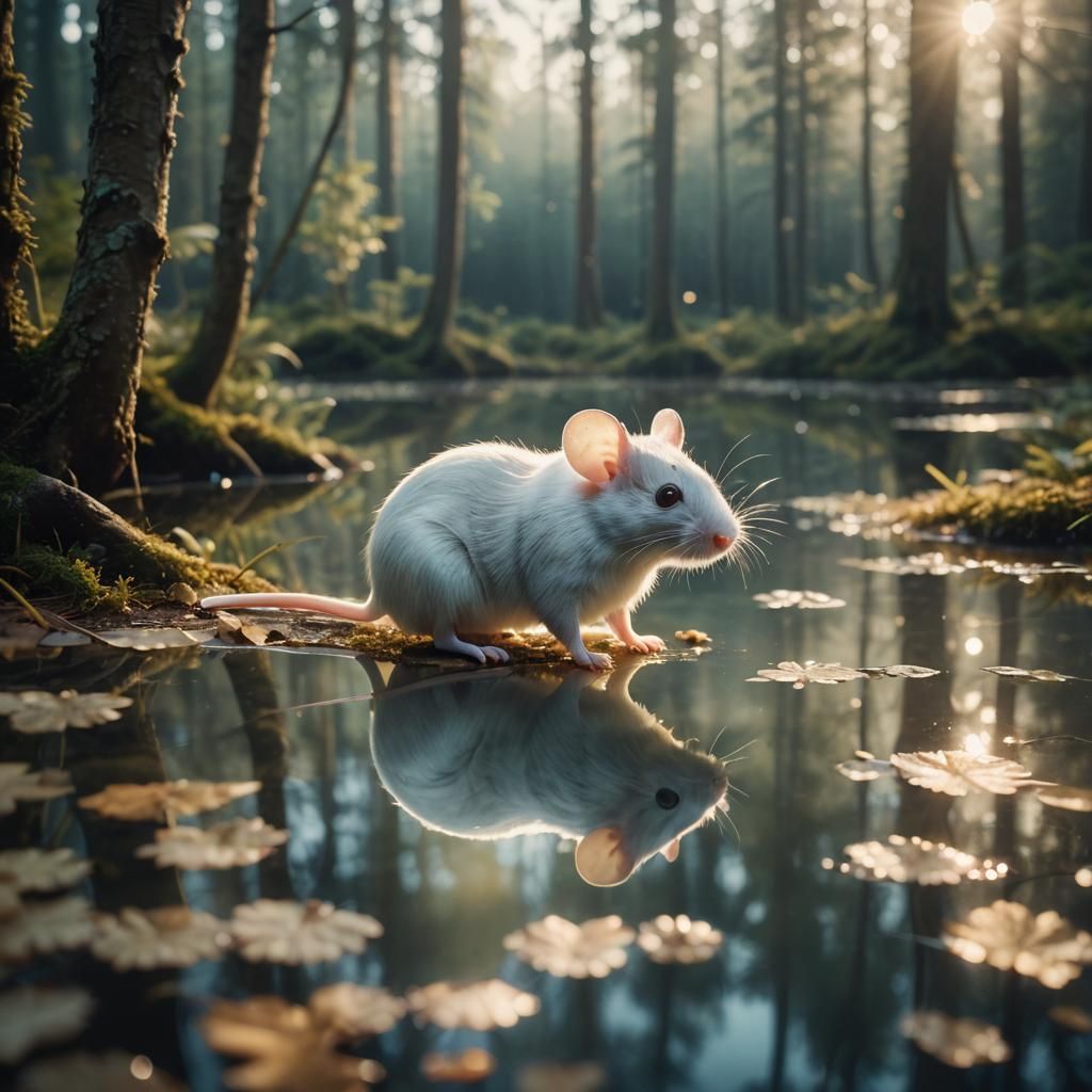 White Mouse in Glistening Forest, Cinematic Still