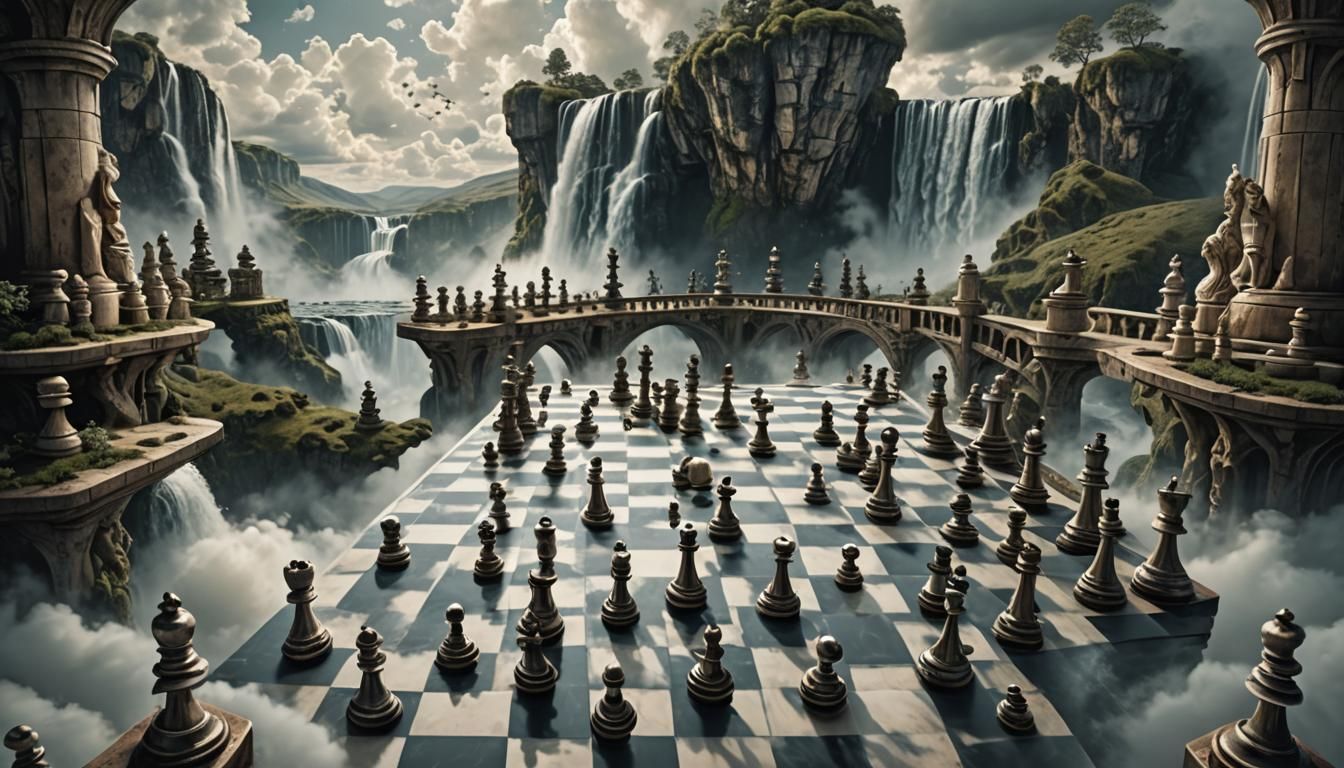 Surreal Chessboard Landscape with Roulette Wheels