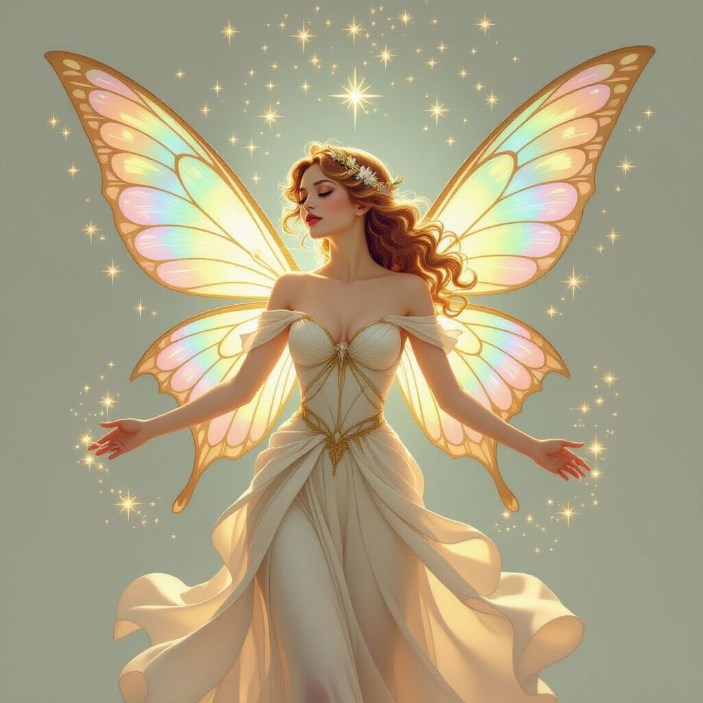 Golden Fairy Conjuring Pastel Magic in Art Nouveau Style