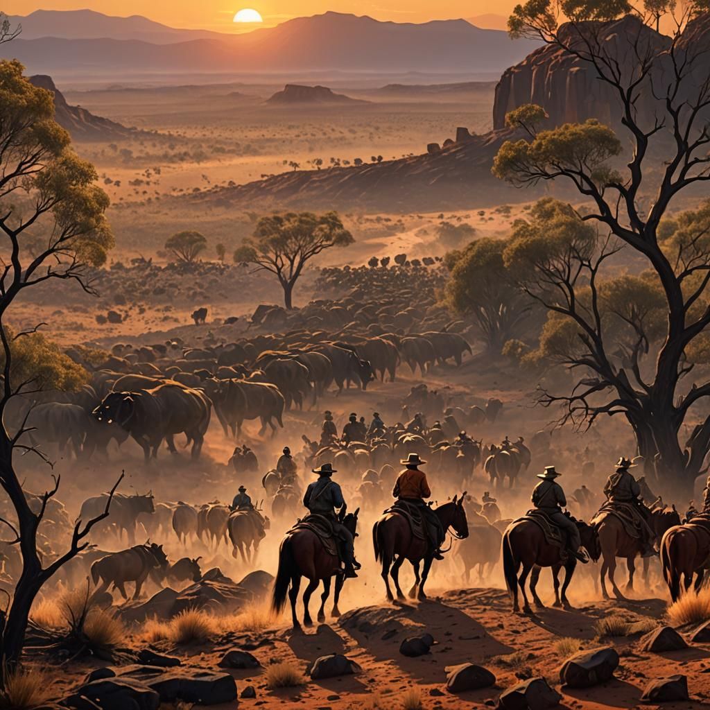 Outback Cattle Muster at Sunset: Fantasy Concept Art
