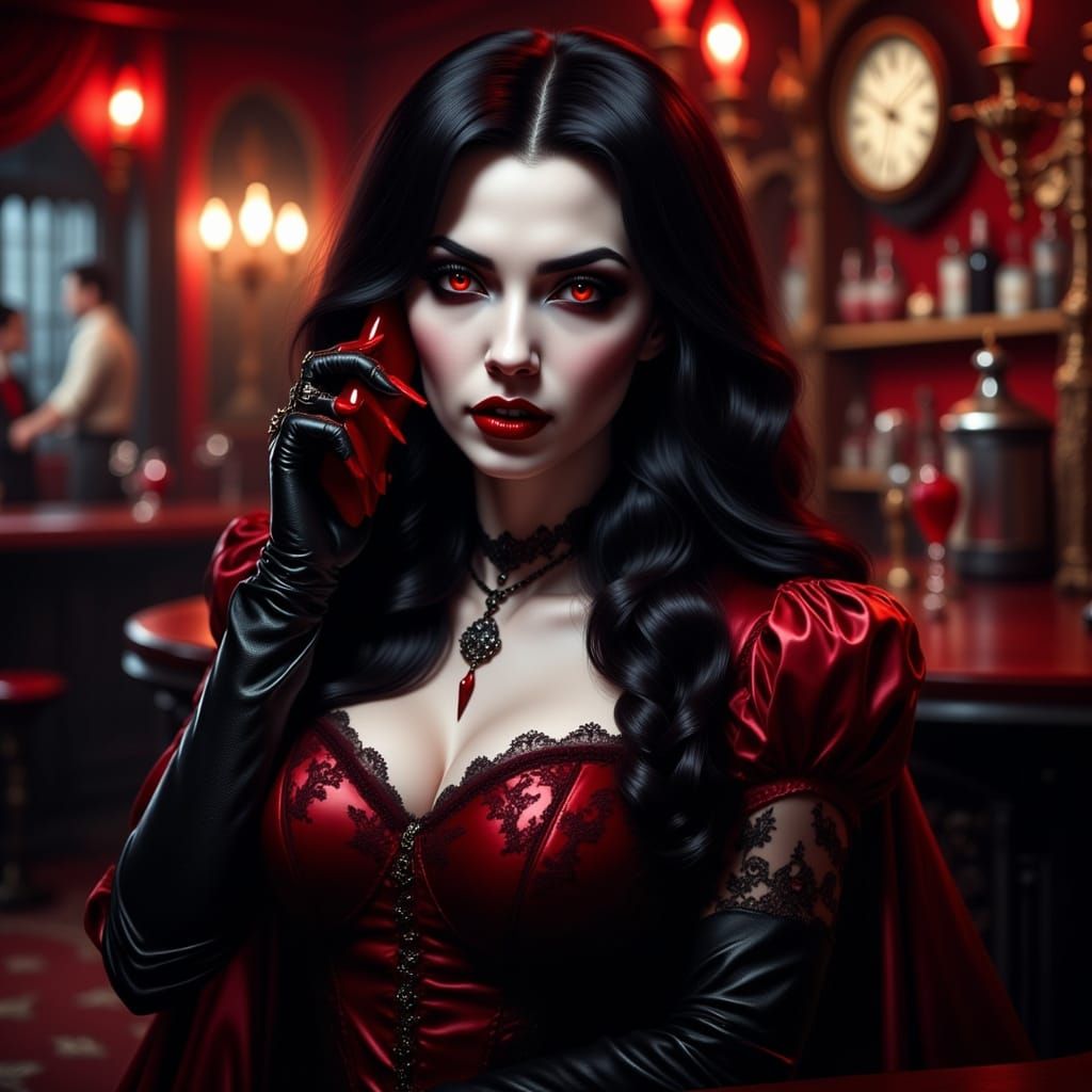Gothic Vampire Woman in Modern Bar