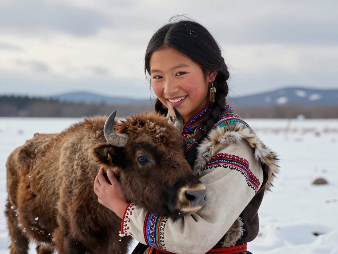 Indigenous Girl Hugs Baby Buffalo in Snowy Field