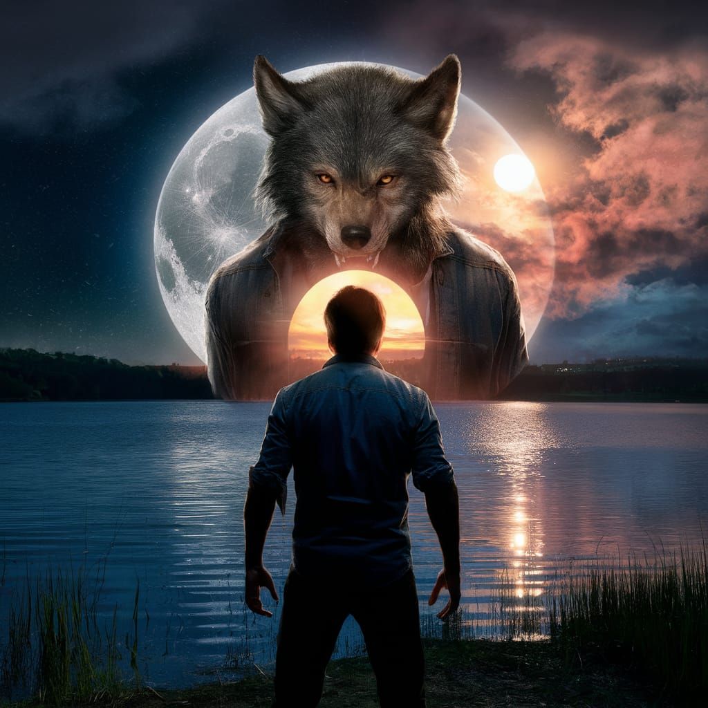 Werewolf Stares at Sun Reflecting in Lake