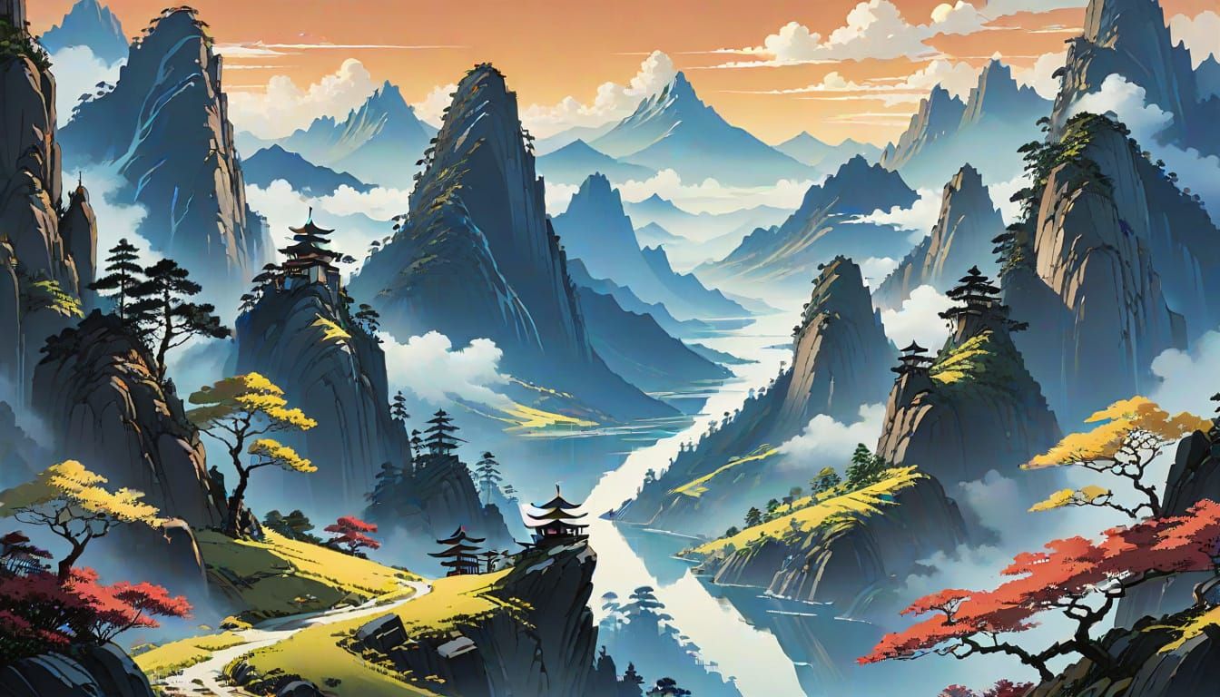 Mountain Landscape in Chinese Ink Style