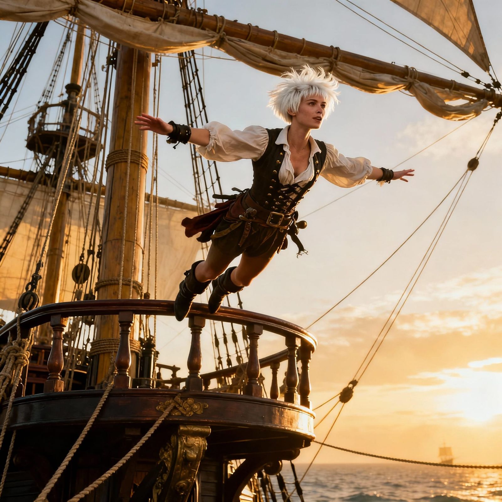 Pirate Woman Flying Like Peter Pan in Golden Hour