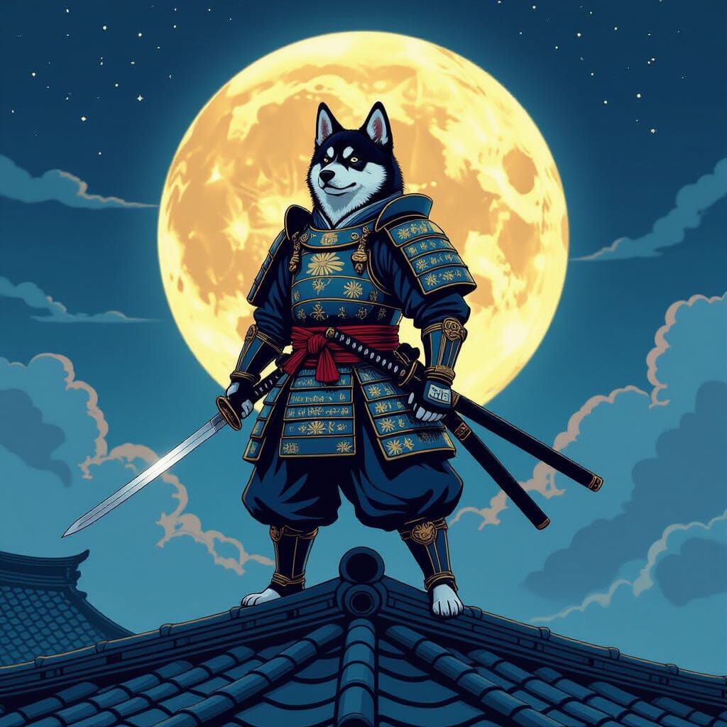 Samurai Dog on Rooftop Under Moon