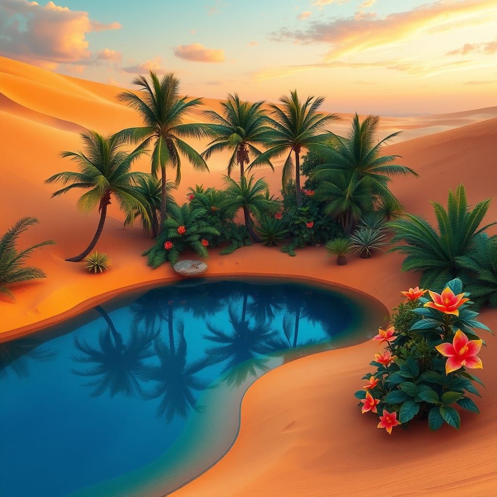 Surreal Desert Oasis in Vibrant Color Palette