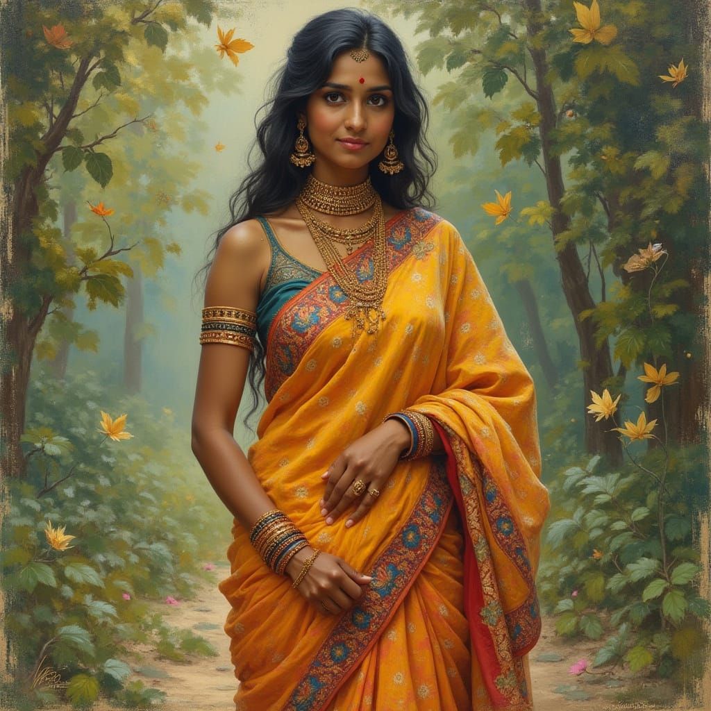 Indian Woman in Saree: Realistic Impressionistic Art