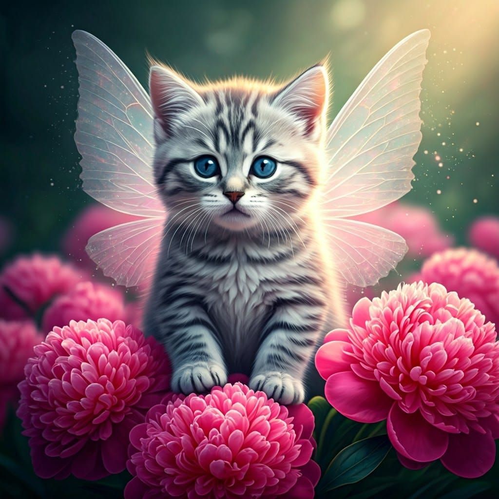 Whimsical Fairy Kitten Perched on Pink Peonies in Ethereal L...