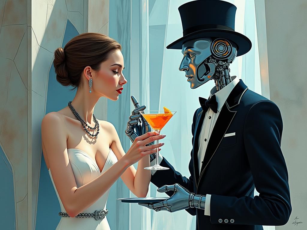 Mandroid Bartender in New Age Cubism Style