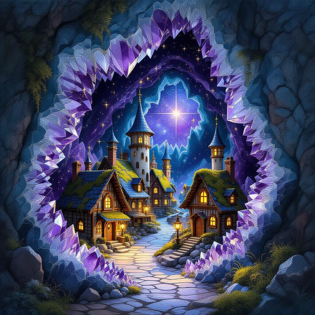 Miniature Village Inside Amethyst Geode, Digital Art