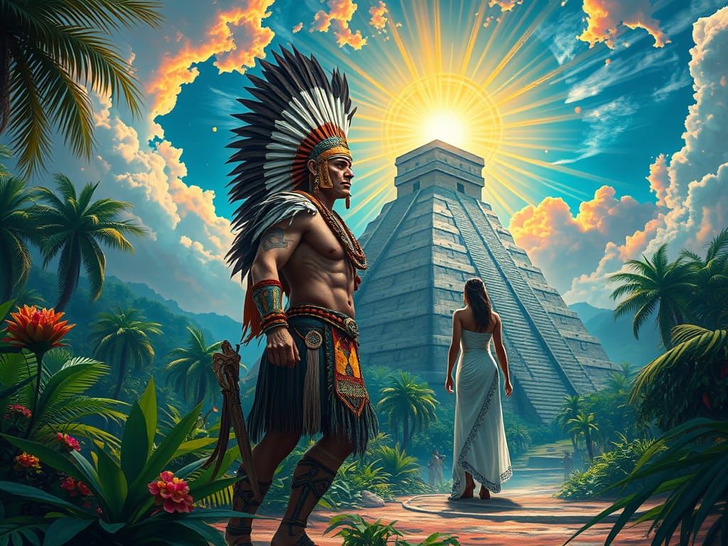 Aztec Warrior and Sacrifice in Ray-Filled Forest