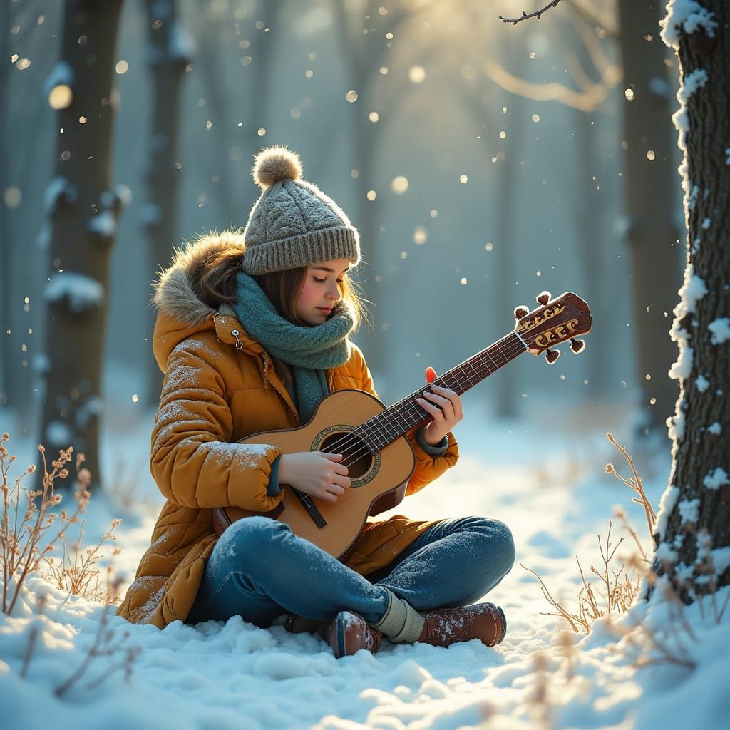 Snowy Forest Musician with Nyckelharpa