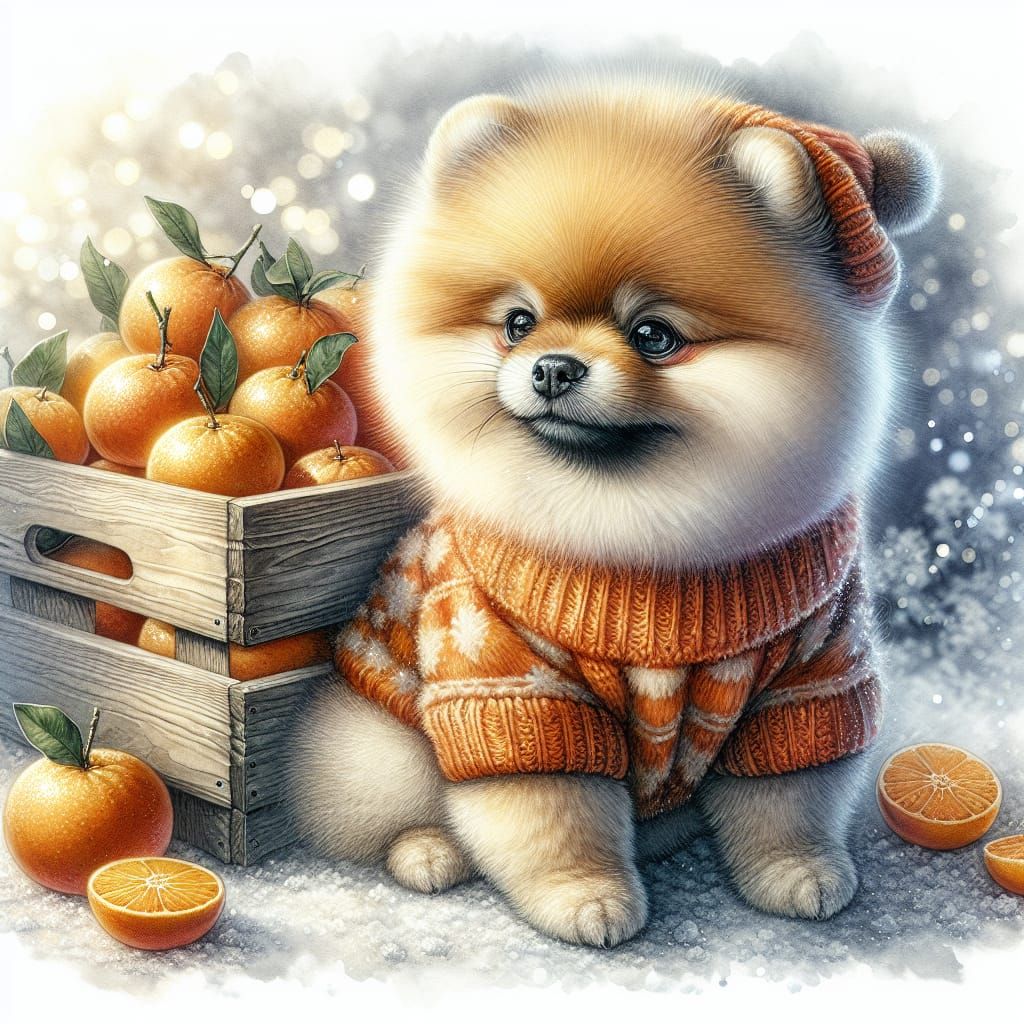 Vibrant English Watercolor of Fluffy Pomeranian in Winter Wo...