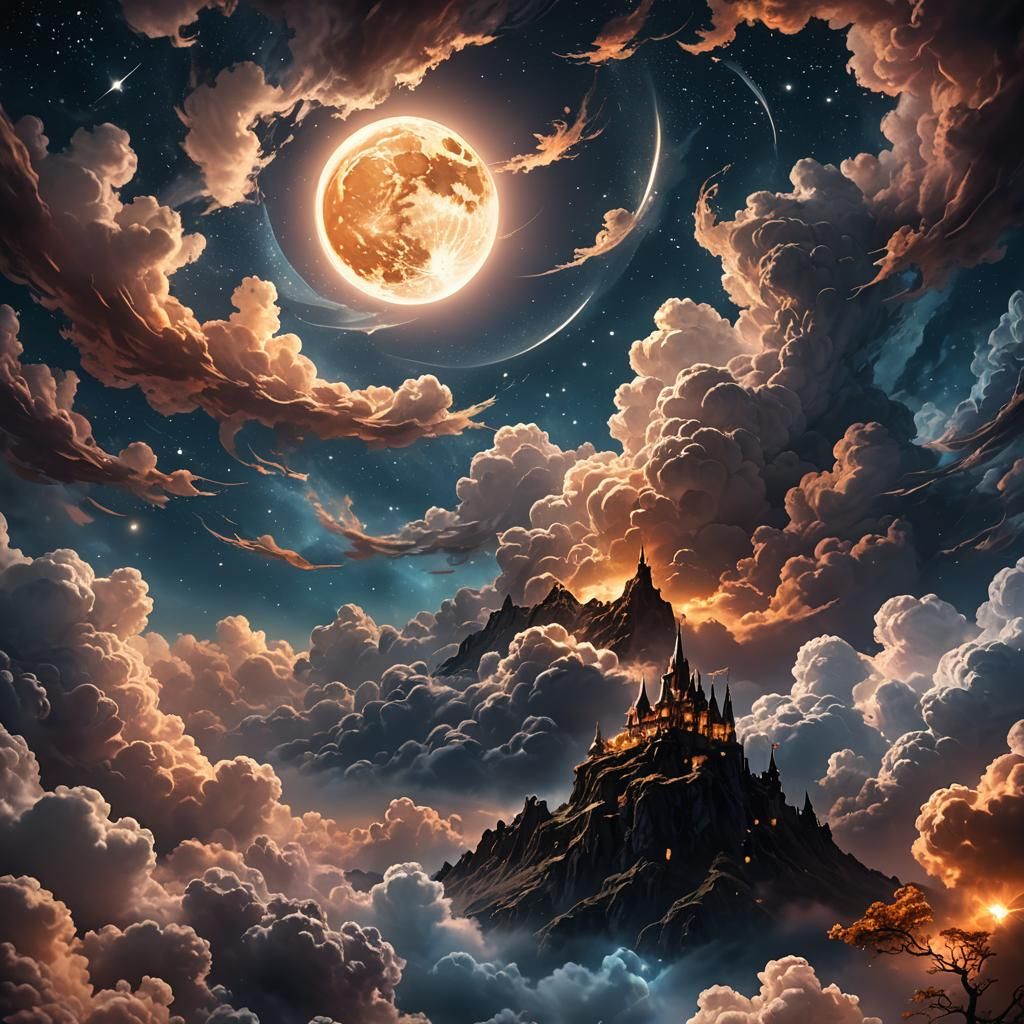 Glowing Moon Amidst Starry Night Sky