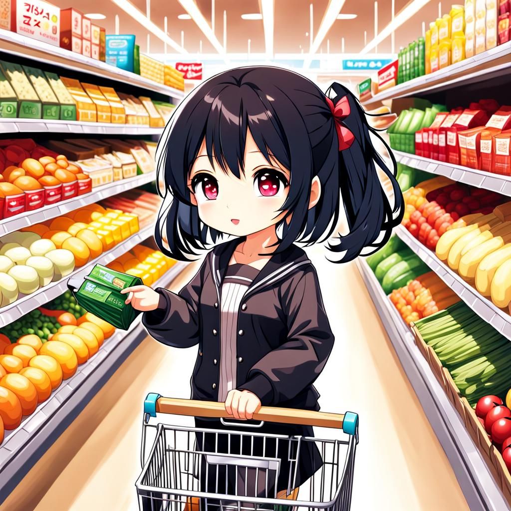 Cute Chibi Girl Shopping in Supermarket