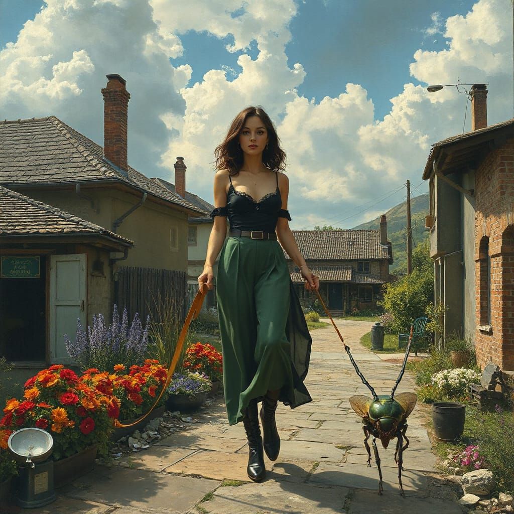 Woman Walks Insecto-Droid in Steampunk Village