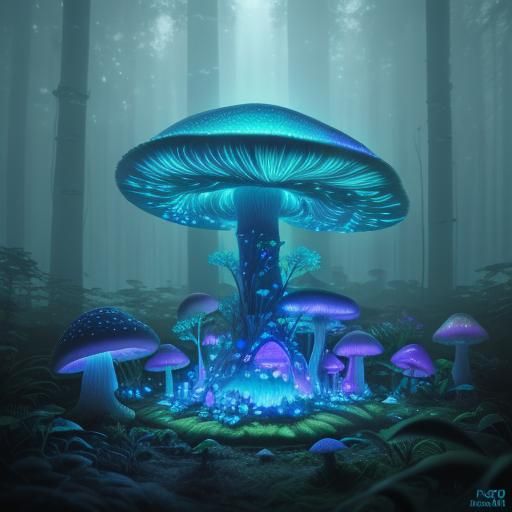 Bioluminescent Mushroom House in Neon Forest - Digital Art