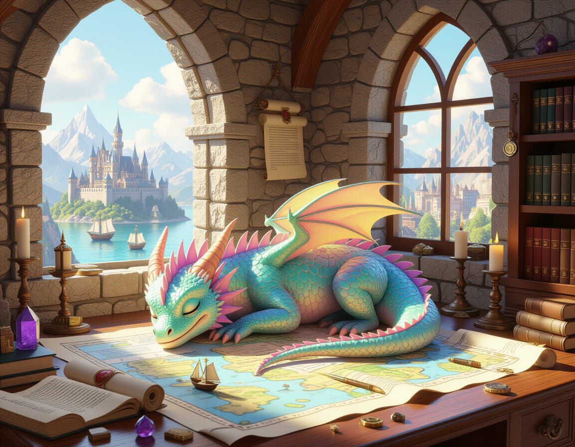Pastel Dragon Sleeps in Medieval Fantasy Office