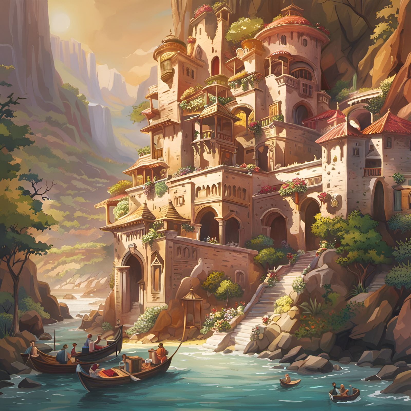 Medieval Canyon City in Studio Ghibli Style